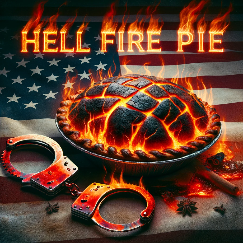 DALL·E 2024-03-20 10.00.32 - Create an image with an American flag in the background, slightly darkened. In the foreground, there&#39;s a pie with a crackling, ember-like crust that a